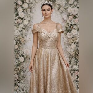 Royal Queen Gold Prom Dress/ Off Shoulder Shimmer Formal Gown/ Wedding Guest 12